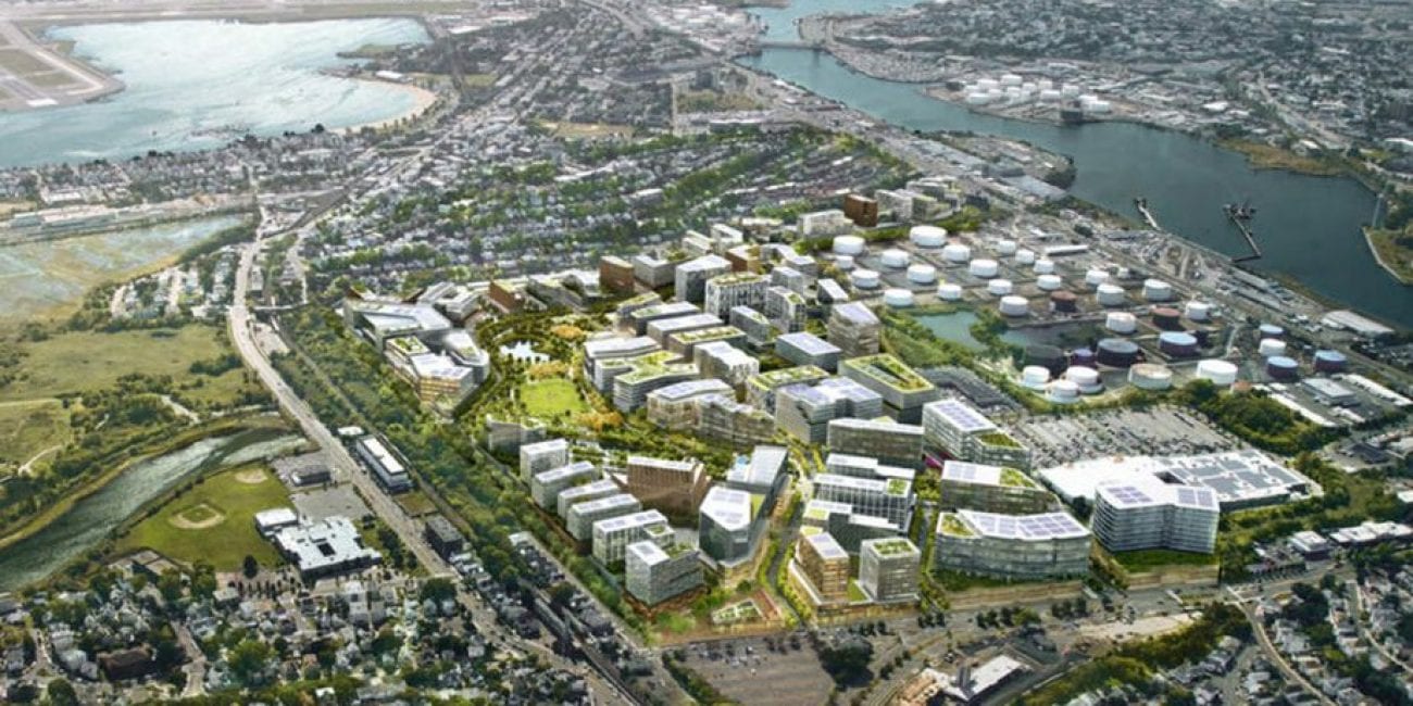 Developer Tom O'Brien offered Revere officials a vision of redevelopment for the Suffolk Downs site. The rendering shows the site looking toward East Boston.