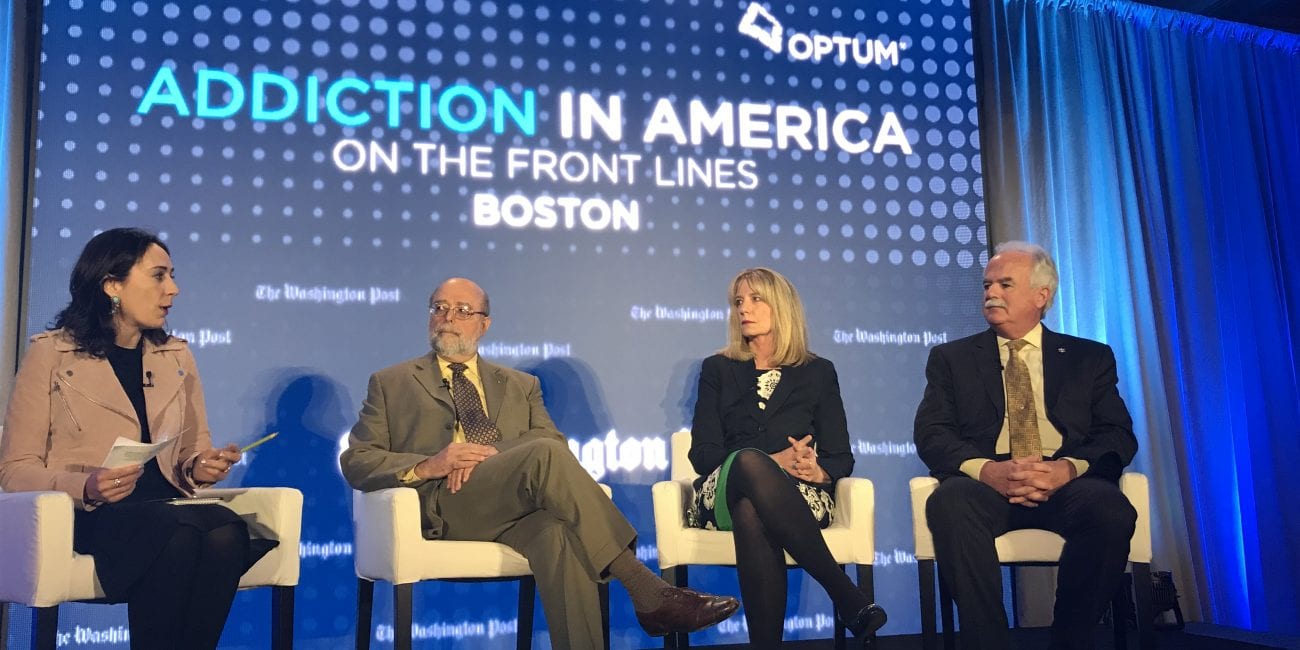 Moderator and Washington Post correspondent Katie Zezima discusses opioid addiction with forensic pathologist Thomas Andrew, Learn to Cope founder Joanne Peterson, and Essex County Sheriff Kevin Coppinger.