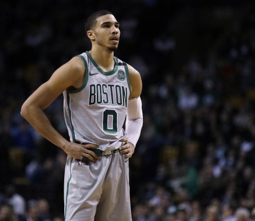 Boston Celtics forward Jayson Tatum (0) during the second half of an NBA basketball game in Boston, Monday, Feb. 26, 2018. The Celtics defeated the Grizzlies 109-96. (AP Photo/Charles Krupa)