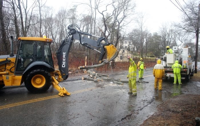 Marblehead, MA--Friday March 2, 2018--Work crew removes tree branches on Beacon St. from a tree that was down due to the storm.