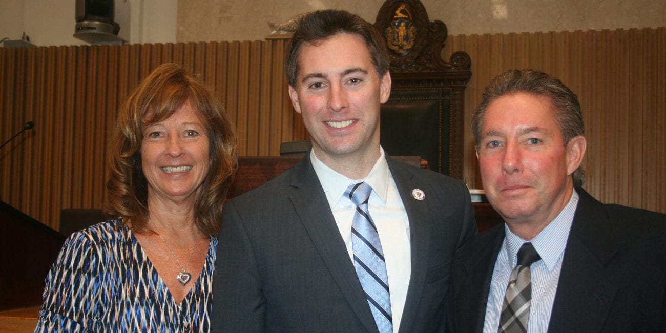 Sen. Brendan Crighton at the State House with his parents after he was sworn in as senator for the Third Essex District. From left to right, Diane, Brendan, and Kevin Crighton.