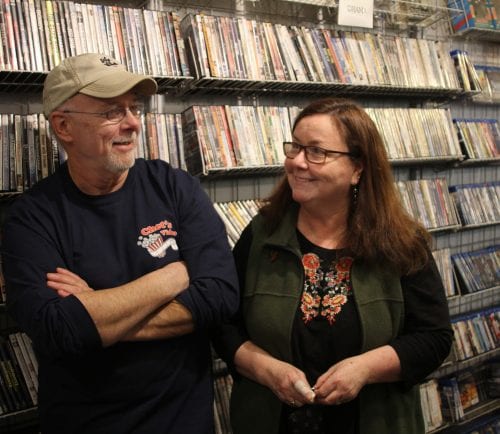 Marblehead. Ma 3-1-18. Chet Strout and Carrie Thomas in Chet's Video and Candy Shoppe which will be closing after 25 years.