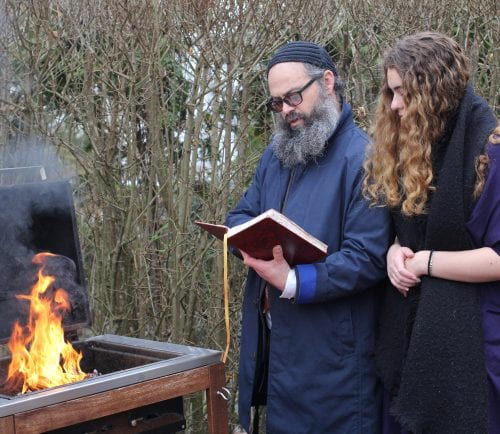 Swampscott, Ma. 3-30-18. Rabi Yossi Lipsker Director of Chabad of North Shore, and Sheva Lipsker Biyru Chametz Buring of the Levin.