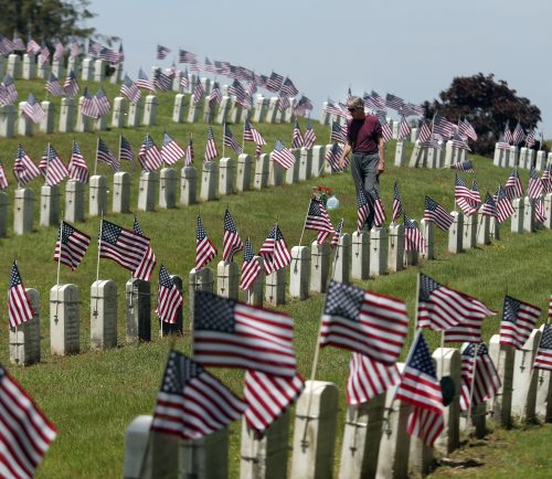 Lynn, MA-Friday May 25, 2018—Jim Frawley of Peabody spends time at Pine Grove Cemetery along with his wife Gloria. In this photo he’s locating one of 4 grave sites they decorate with flowers in honor of relatives who were in the service. Jim’s second cousin, Arthur J. Frawley was a former Mayor of Lynn.
