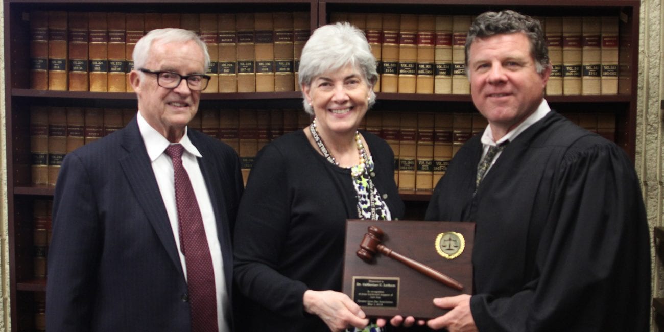 Lynn,Ma. 5-7-18. Attorney Jim Carrigan, Superintendent of Lynn Schools Dr. Catherine C. Latham and Judge Matthew Nestor present Latham with a thank you gavel for her support of Law Day for the past ten years. The gavel is from the Greater Lynn Bar Association.