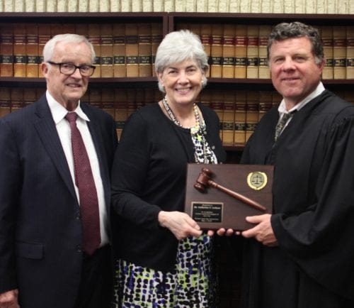 Lynn,Ma. 5-7-18. Attorney Jim Carrigan, Superintendent of Lynn Schools Dr. Catherine C. Latham and Judge Matthew Nestor present Latham with a thank you gavel for her support of Law Day for the past ten years. The gavel is from the Greater Lynn Bar Association.