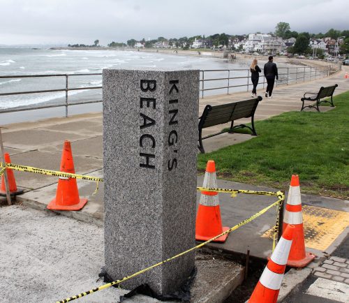 A new marble pillar identifying King's Beach is part of a redesign along the waterfront.